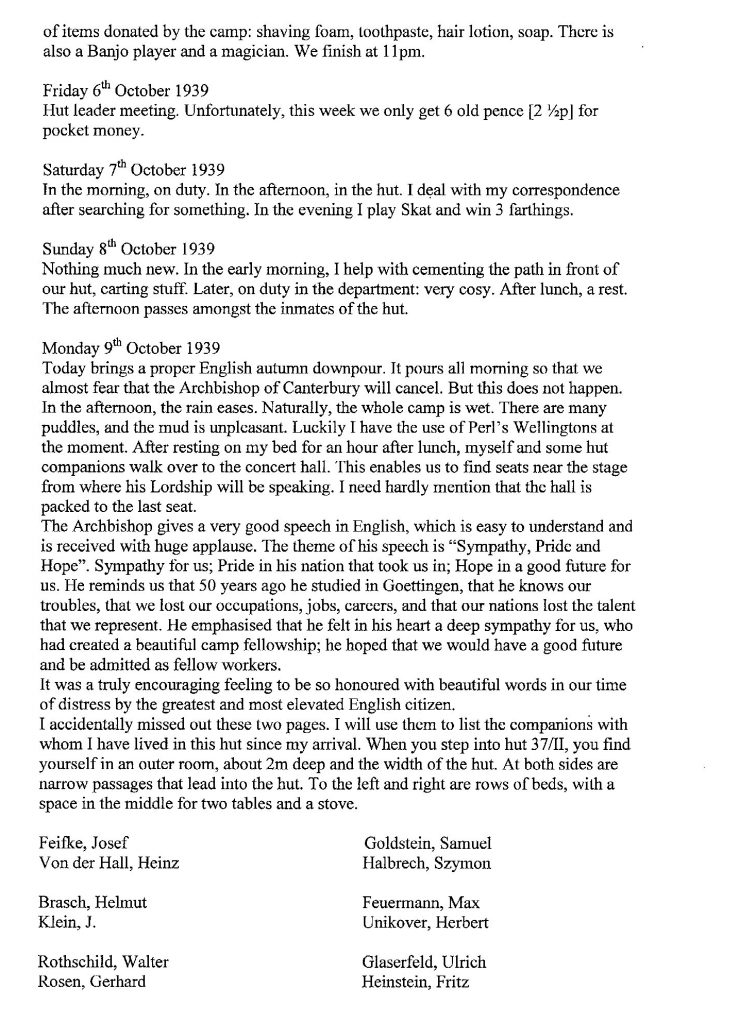 Lothar Nelken, Richborough Camp diary, 1939 to 1940, page 12, 6 October to 9 October 1939