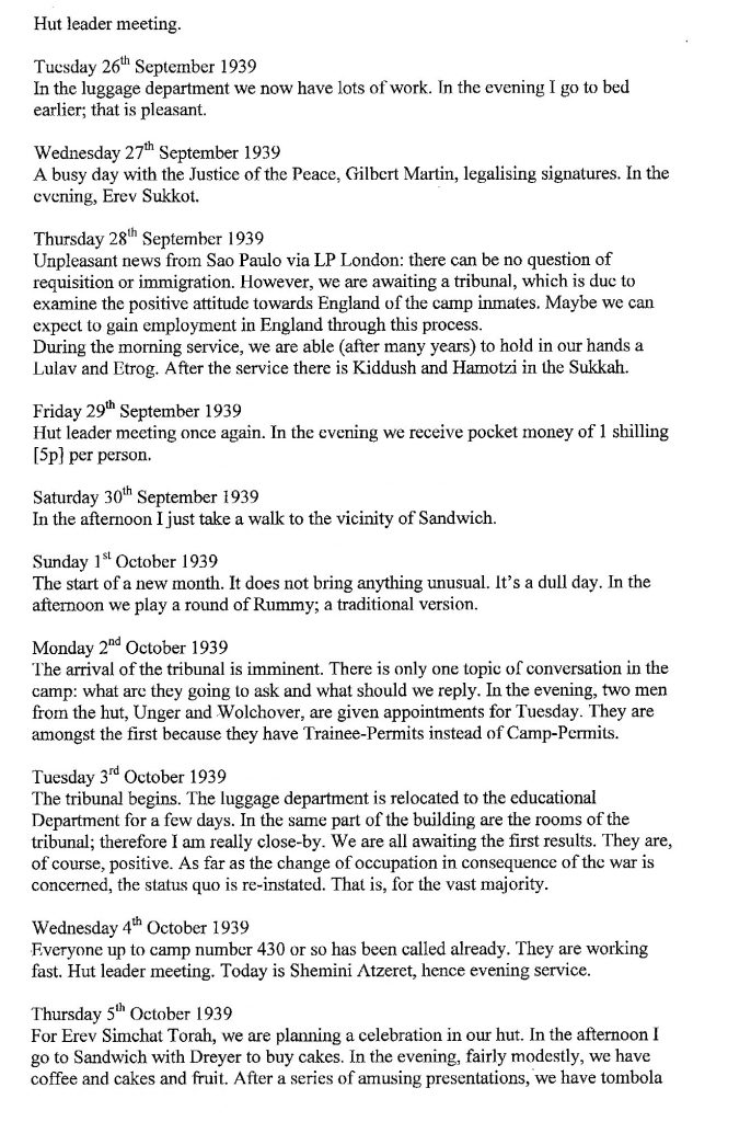 Lothar Nelken, Kitchener Camp diary, 1939 to 1940, page 10, 26 September to 5 October 1939