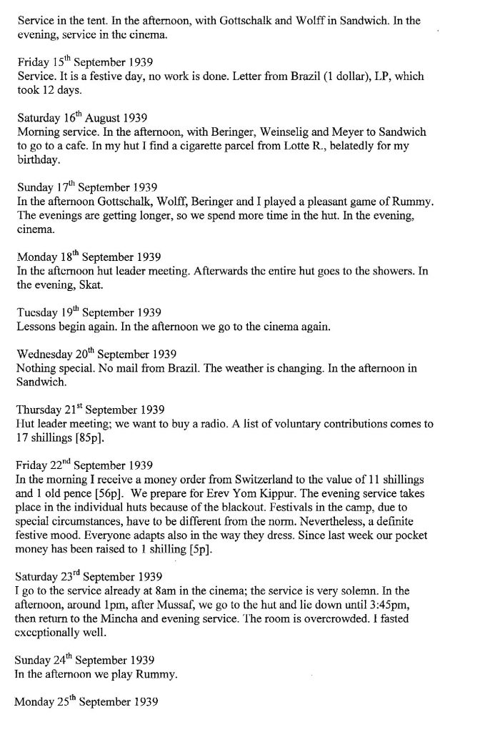 Lothar Nelken, Richborough Camp diary, 1939 to 1940, page 9, 15 September to 25 September 1939