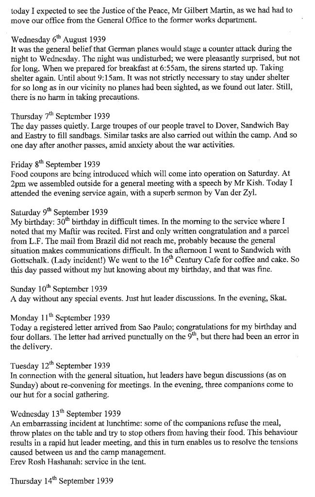 Lothar Nelken, Richborough Camp diary, 1939 to 1940, page 8, 6 September to 14 September 1939