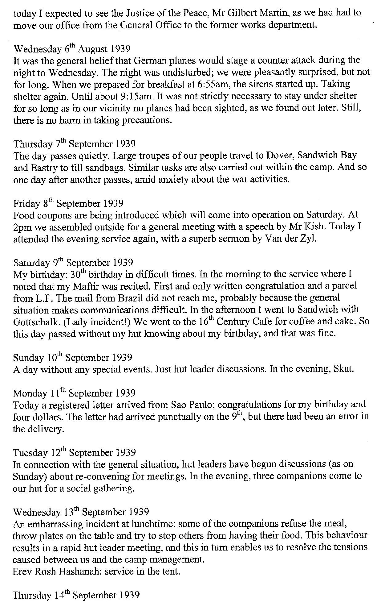 Lothar Nelken, Richborough Camp diary, 1939 to 1940, page 8, 6 September to 14 September 1939