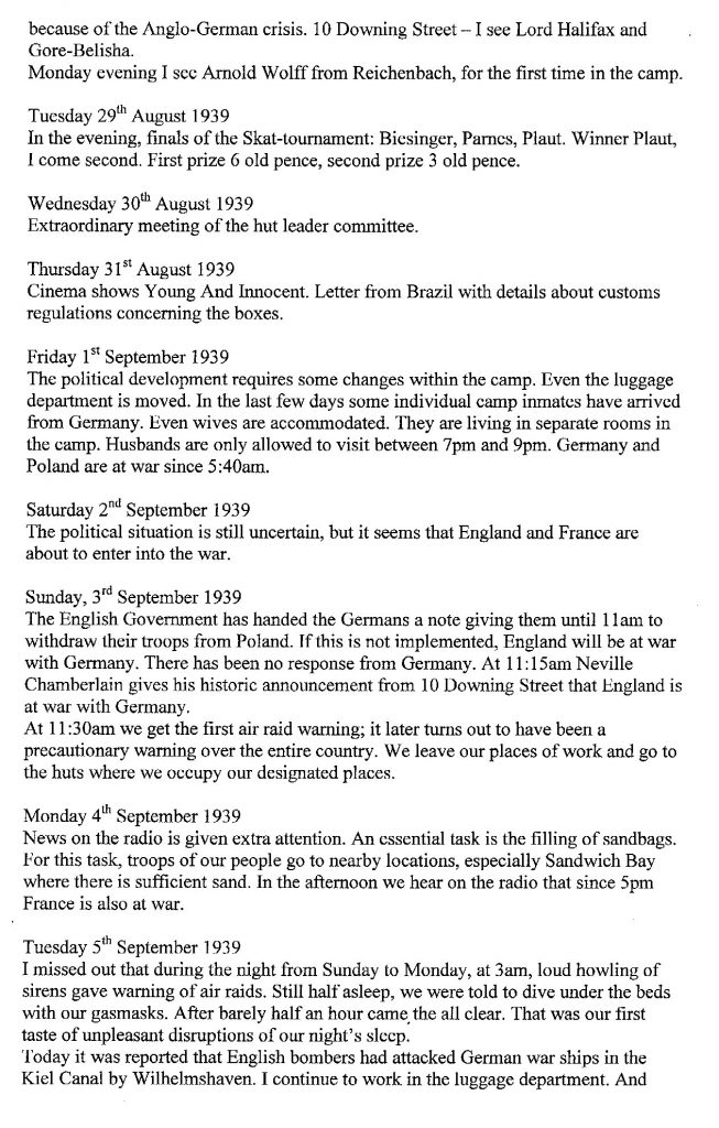 Lothar Nelken, Kitchener Camp diary, 1939 to 1940, page 7, 29 August to 5 September 1939