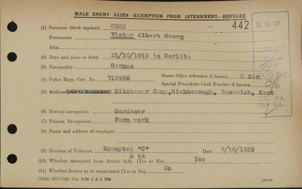 Richborough camp 1939, Victor Cohn, Exemption from internment
