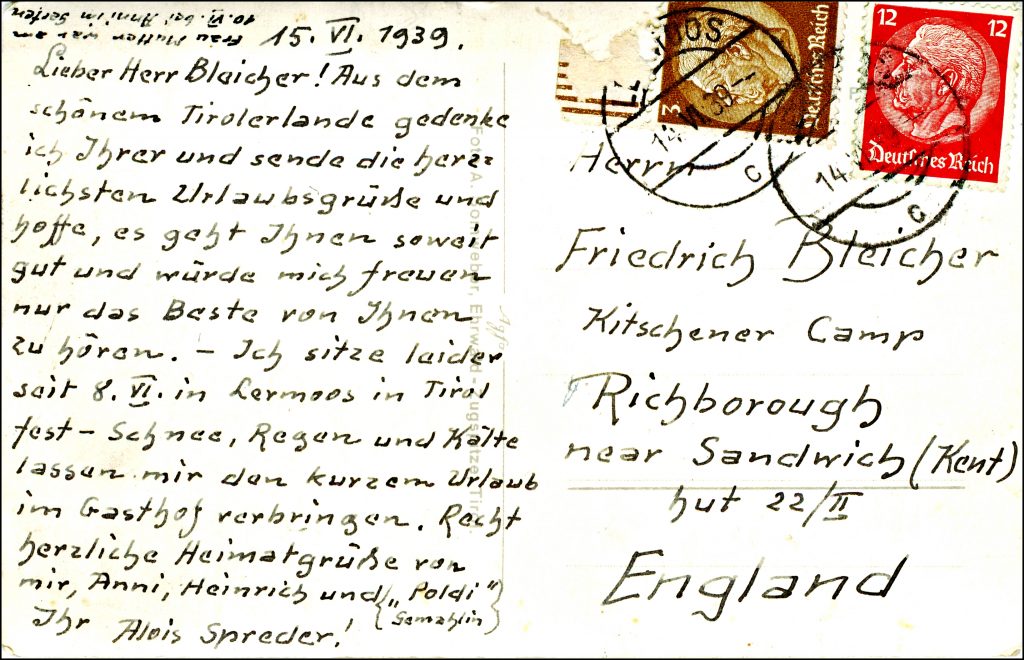 Richborough transit camp, Fritz Bleicher, Postcard to Kitchener, 14 June 1939