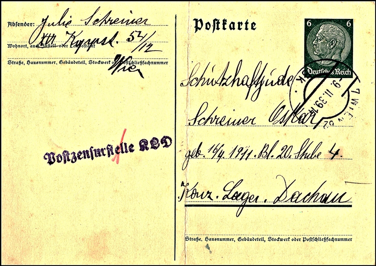 Oskar Schreiner, Postcard, Dachau, 9 November 1939