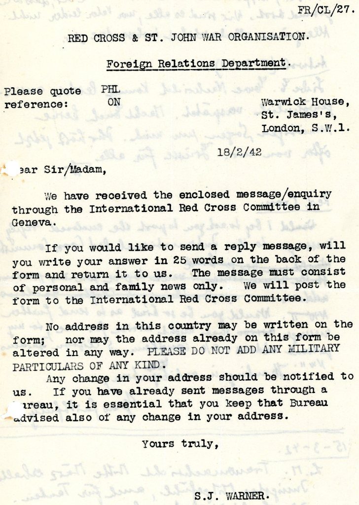 Kitchener camp, Werner Weissenberg, Red Cross letters, information