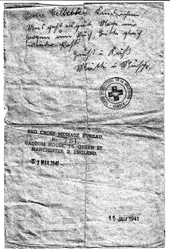 Kitchener camp, Peisech Mendzigursky, Telegram to Frieda, 7 August 1940, Red Cross, Geneva