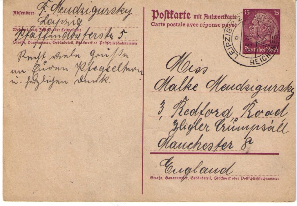 Richborough transit camp, Peisech Mendzigursky, Letter from Frieda, Postmark 18 August 1939, Leipzig to Manchester, UK