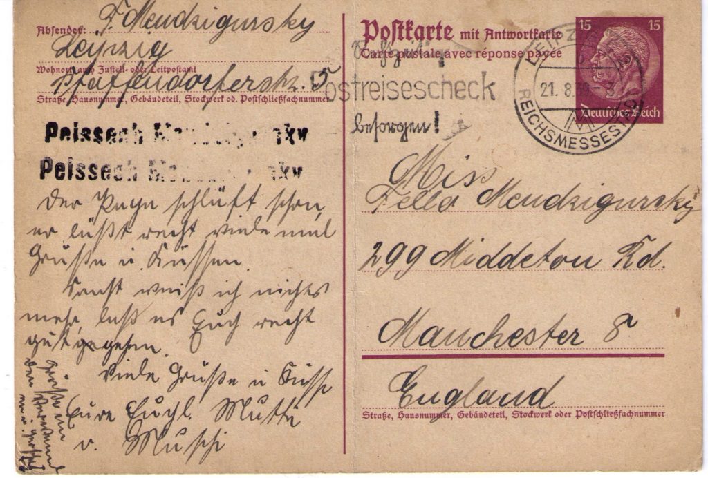 Richborough transit camp, Peisech Mendzigursky, Letter from Frieda, 21 August 1939, Leipzig to Manchester, UK