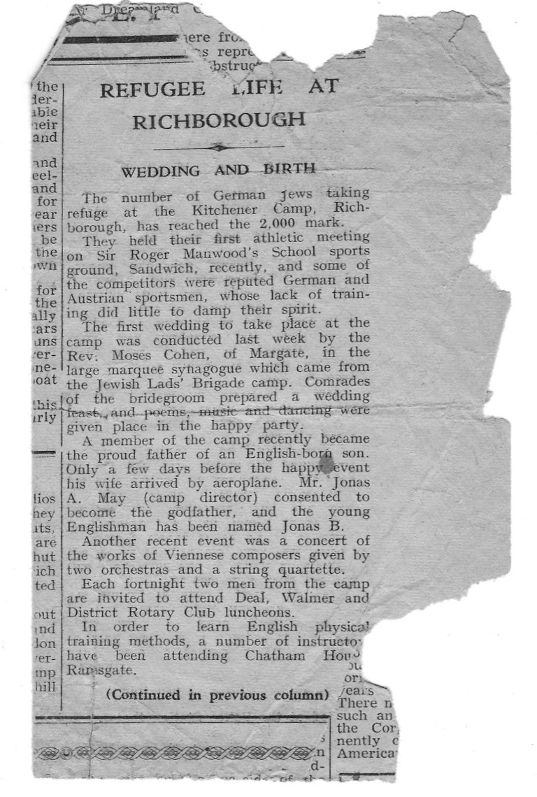 Kitchener camp, Walter Brill, Winston Brill, birth, marriage, newspaper notice, Refuge life at Richborough