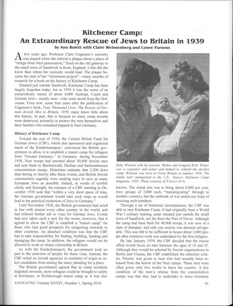 Avotaynu, Jewish Genealogy, Ann Rolett, Kitchener camp article, page 1