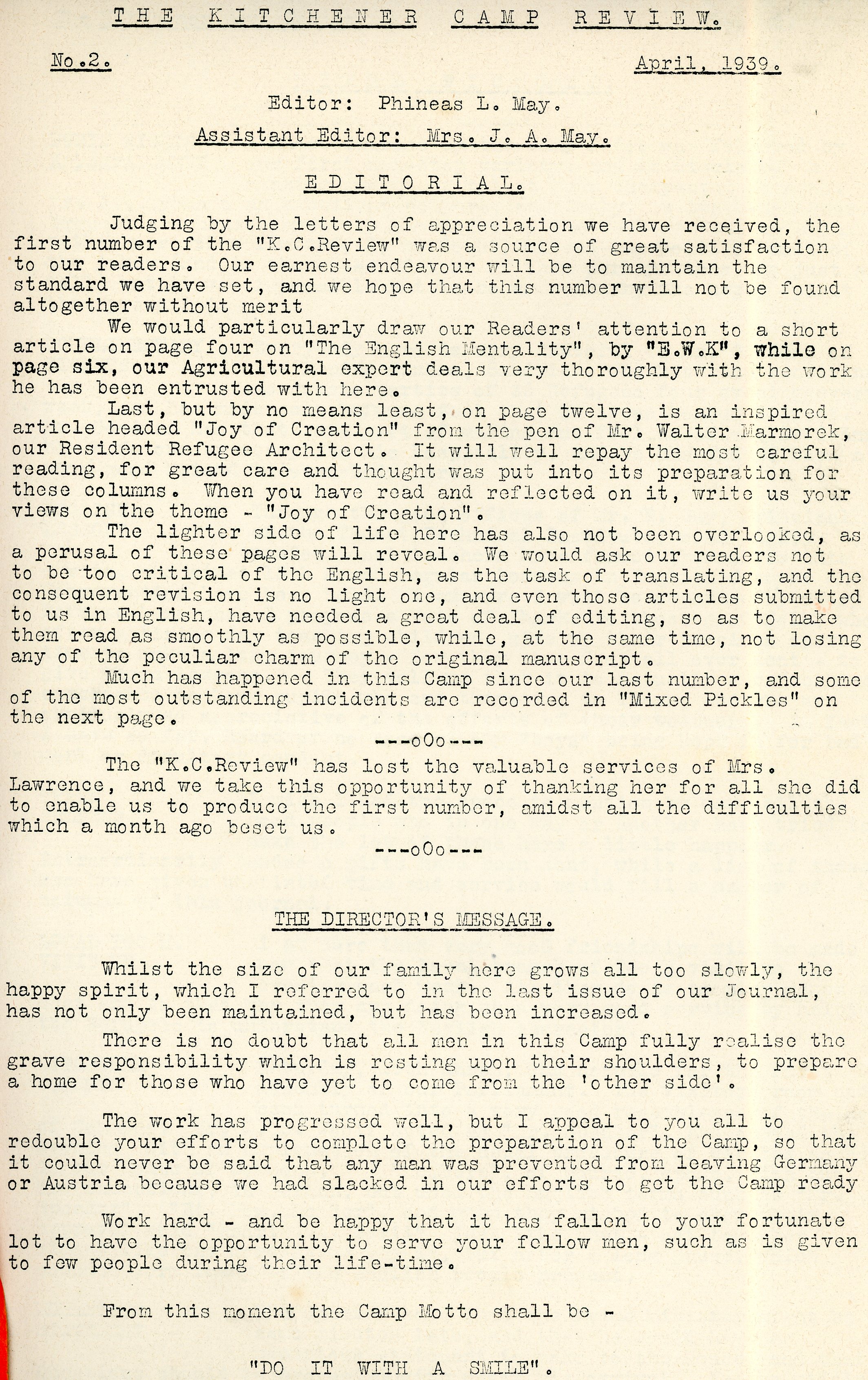 Kitchener Camp Review, April 1939, page 1