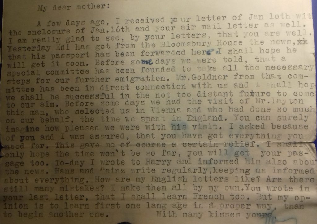 Richborough transit camp, Letter, 23 Feb 1941, Hans Elias, Bloomsbury House, Goldner, Layton