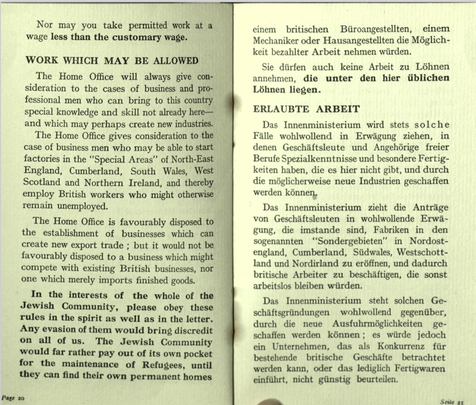 Kitchener camp, Wolfgang Priester, German Jewish Aid Committee, Bloomsbury House, Jewish Board of Deputies, Woburn House, Guidance to all Refugees, pages 20 and 21