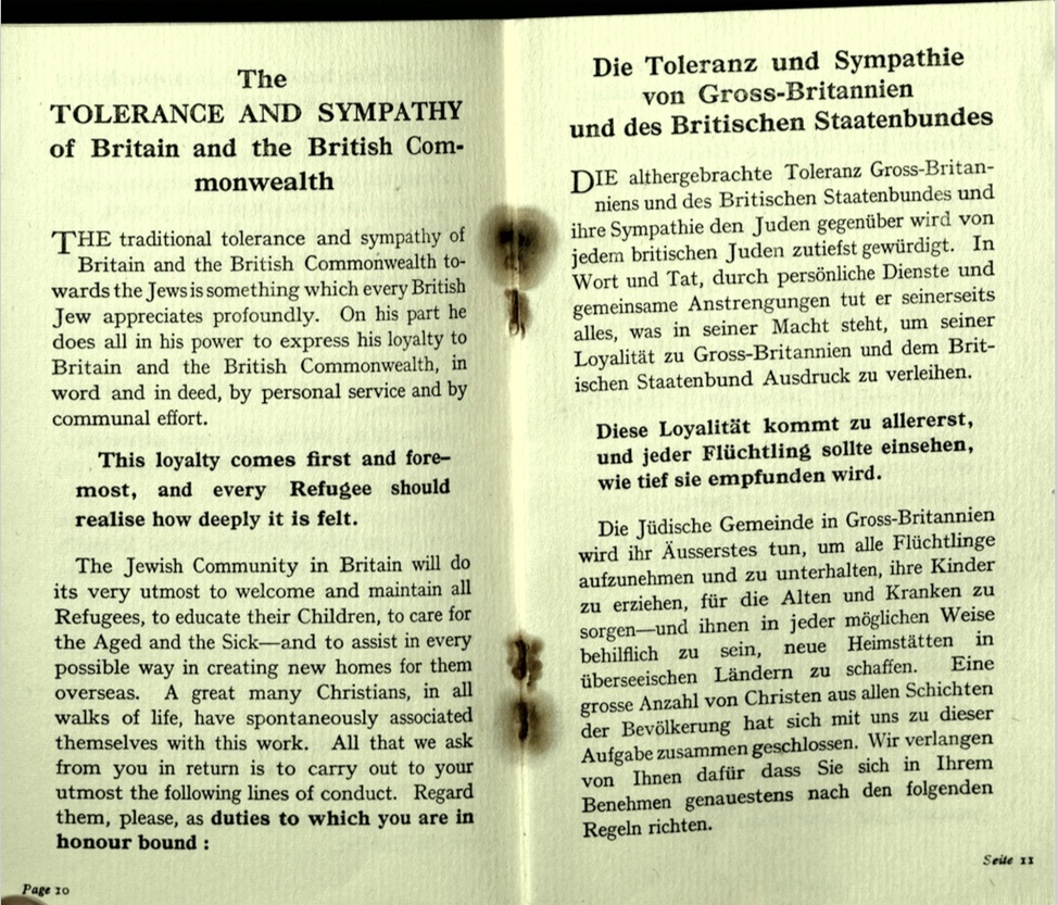 Kitchener camp, Wolfgang Priester, German Jewish Aid Committee, Bloomsbury House, Jewish Board of Deputies, Woburn House, Guidance to all Refugees, pages 10 and 11