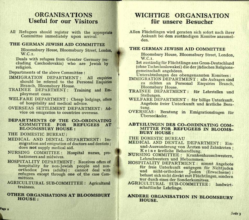 Kitchener camp, Wolfgang Priester, German Jewish Aid Committee, Bloomsbury House, Jewish Board of Deputies, Woburn House, Guidance to all Refugees, pages 2 and 3