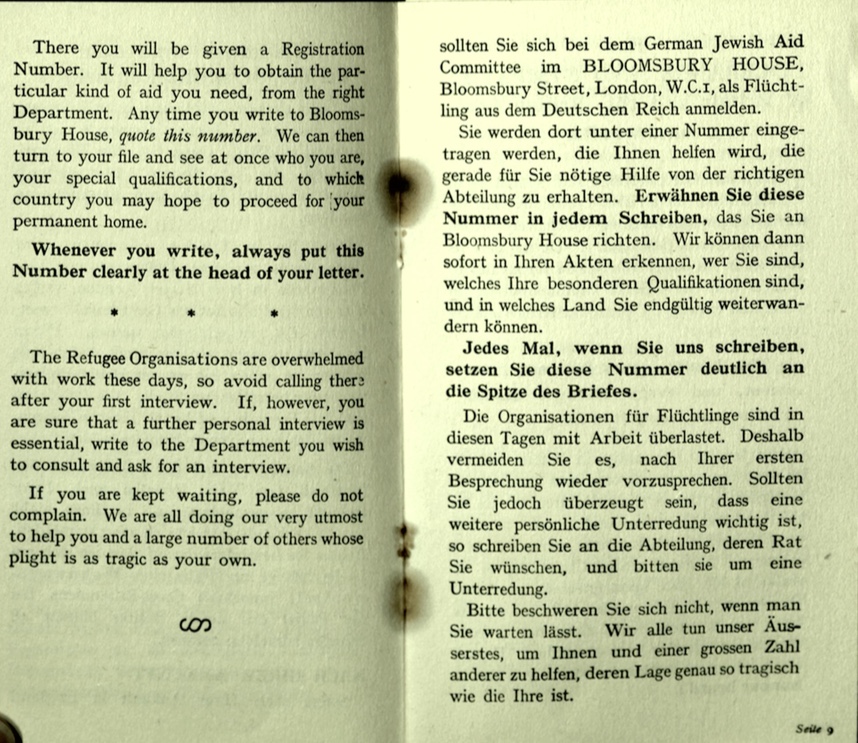 Kitchener camp, Wolfgang Priester, German Jewish Aid Committee, Bloomsbury House, Jewish Board of Deputies, Woburn House, Guidance to all Refugees, pages 8 and 9