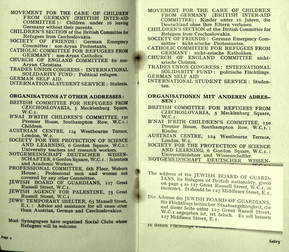 Kitchener camp, Wolfgang Priester, German Jewish Aid Committee, Bloomsbury House, Jewish Board of Deputies, Woburn House, Guidance to all Refugees, page 4 and 5