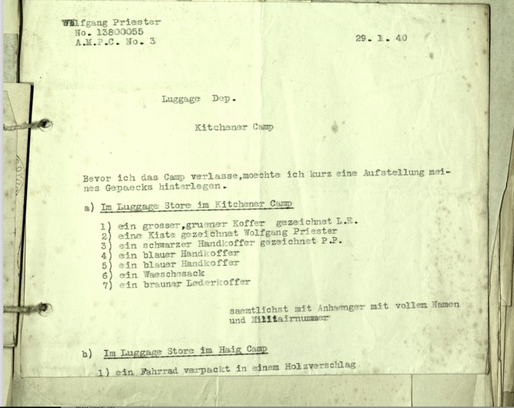 Kithcner camp, Wolfgang Priester, Document, 29 January 1940, Luggage store, Haig camp