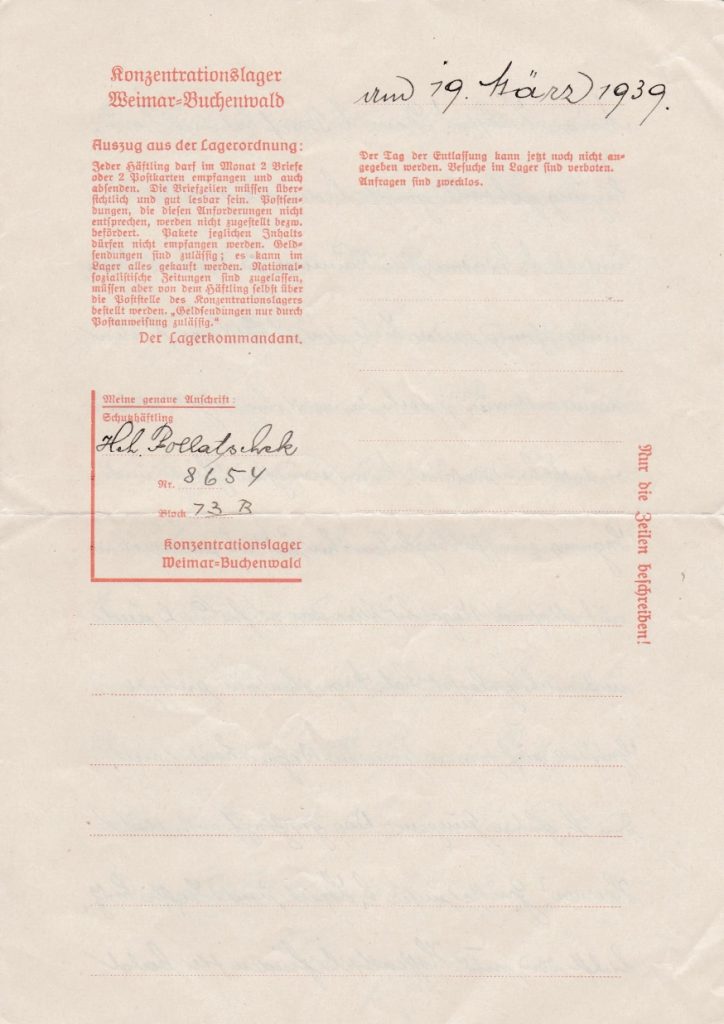 Kitchener camp, Adolf Pollatschek, Letter, Buchenwald 19 March 1939, last letter my grandfather sent my aunt in Vienna on Buchenwald paper on the 19th March 1939, Sent just before release, page 1