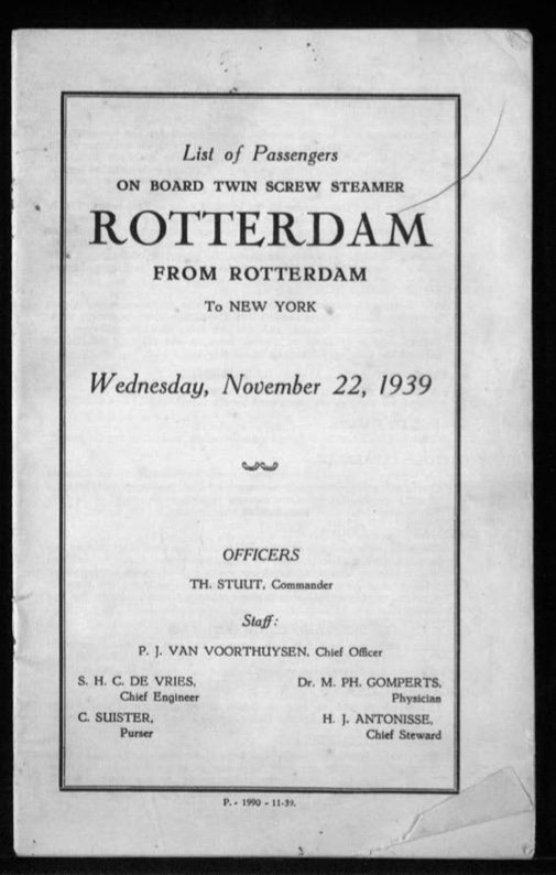 Kitchener camp, Werner Gembicki, Document, List of Passengers from Rotterdam to New York, 22 November 1939, front cover