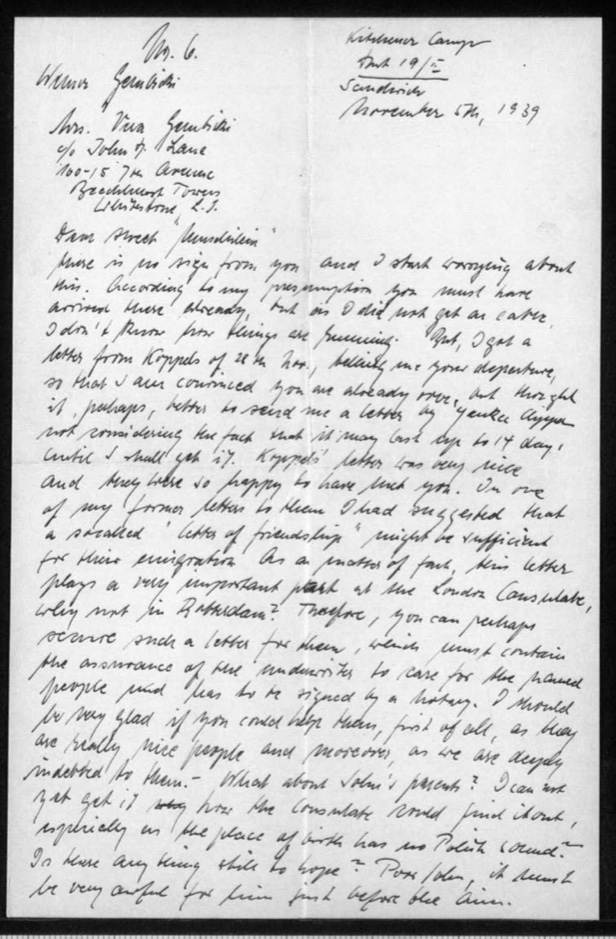 Werner Gembicki, Kitchener camp, Hut 19/I, Letter, Concern about lack of post from USA where family is in process of emigrating, Letter from Koppels, Letter of Friendship very important at London Consulate, Asks wife to procure L of F for Koppels to be signed by a notary, 17 November 1939, page 1