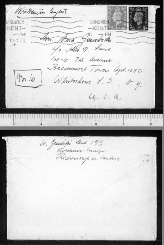 Werner Gembicki, Richborough refugee camp, Envelopes, 'Written in English', Hut 19/I, 5 December 1939