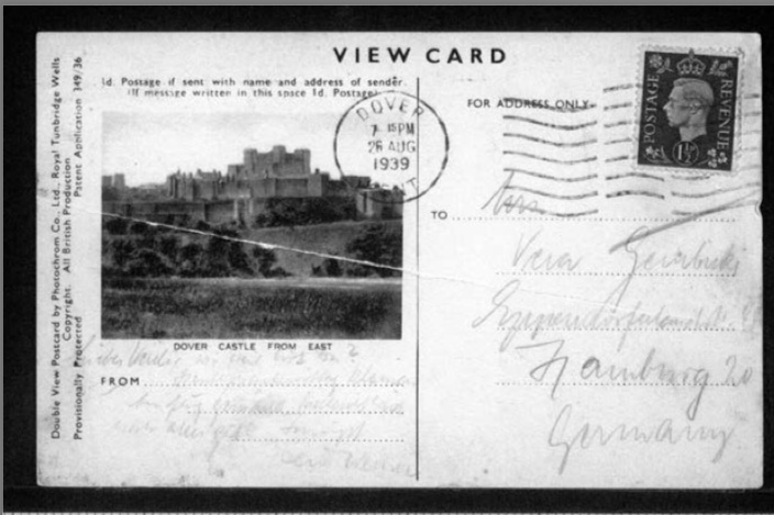 Werner Gembicki, Kitchener camp, Postcard, Dover Castle, 26 August 1939, front