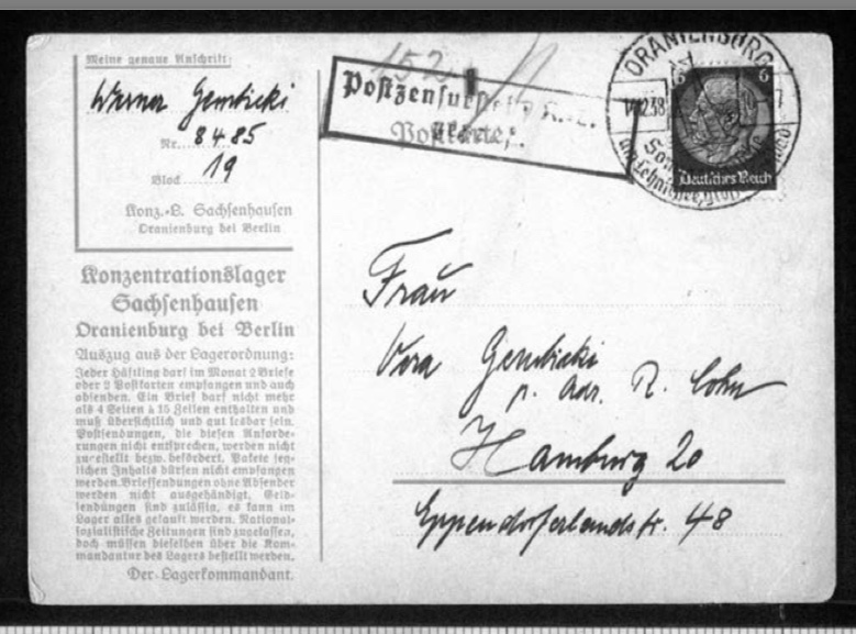 Werner Gembicki, Postcard, Konzentrationslager Sachsenhausen, Oranienburg bei Berlin, From Vera Gembicki (wife), Number 8485, December 1938, front