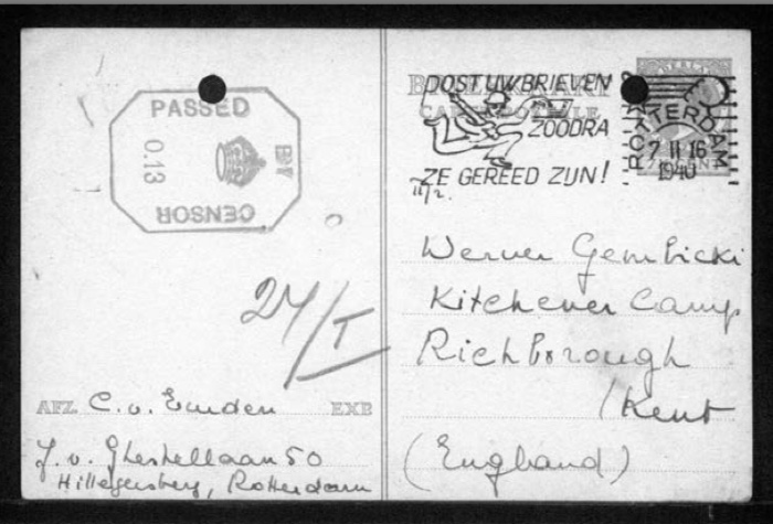Werner Gembicki, Richborough transmigrant, Hut 27/I, Postcard, 6 November 1940, address