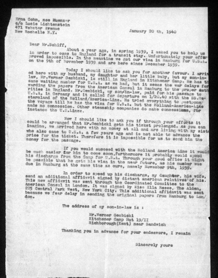 Werner Gembicki, Richborough transit camp, Hut 19/II, Letter, Otto Schiff, Stuck in England, War delaying visa delay, request to postpone ship ticket date, 20 January 1940