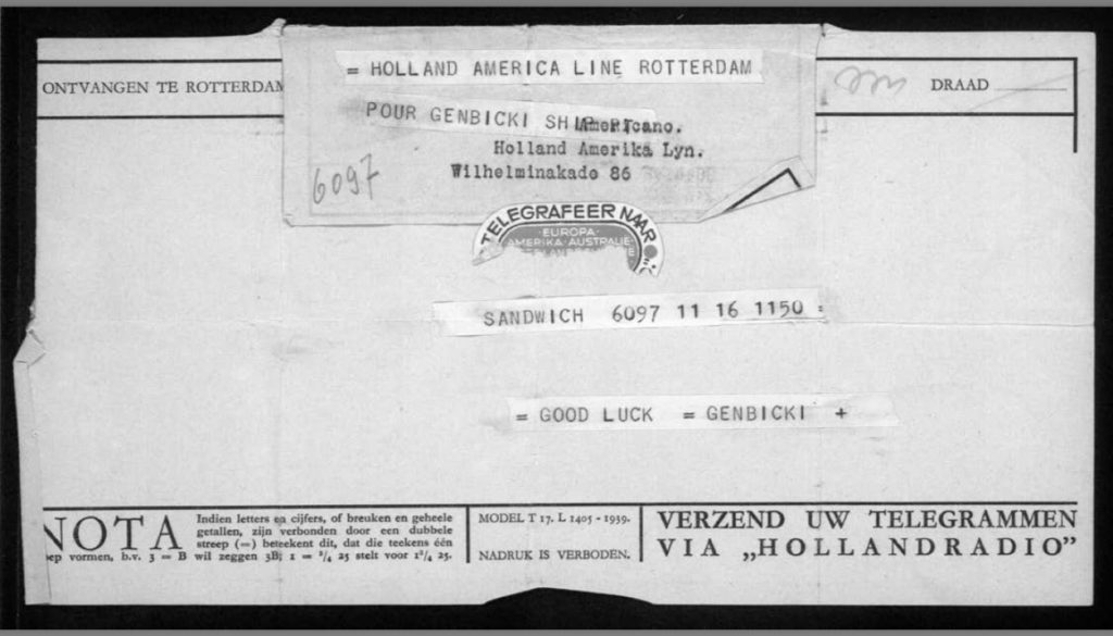 Werner Gembicki, Kitchener camp, Telegram, Holland-America Line, Rotterdam, Good luck, Sandwich, 16 November 1939, front