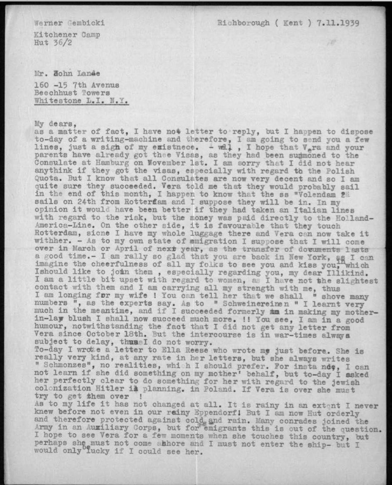 Kitchener camp, Werner Gembicki, Letter, Visas, Family emigration, Raining in camp, Hut 36/II orderly, AMPC, 7 November 1939, page 1