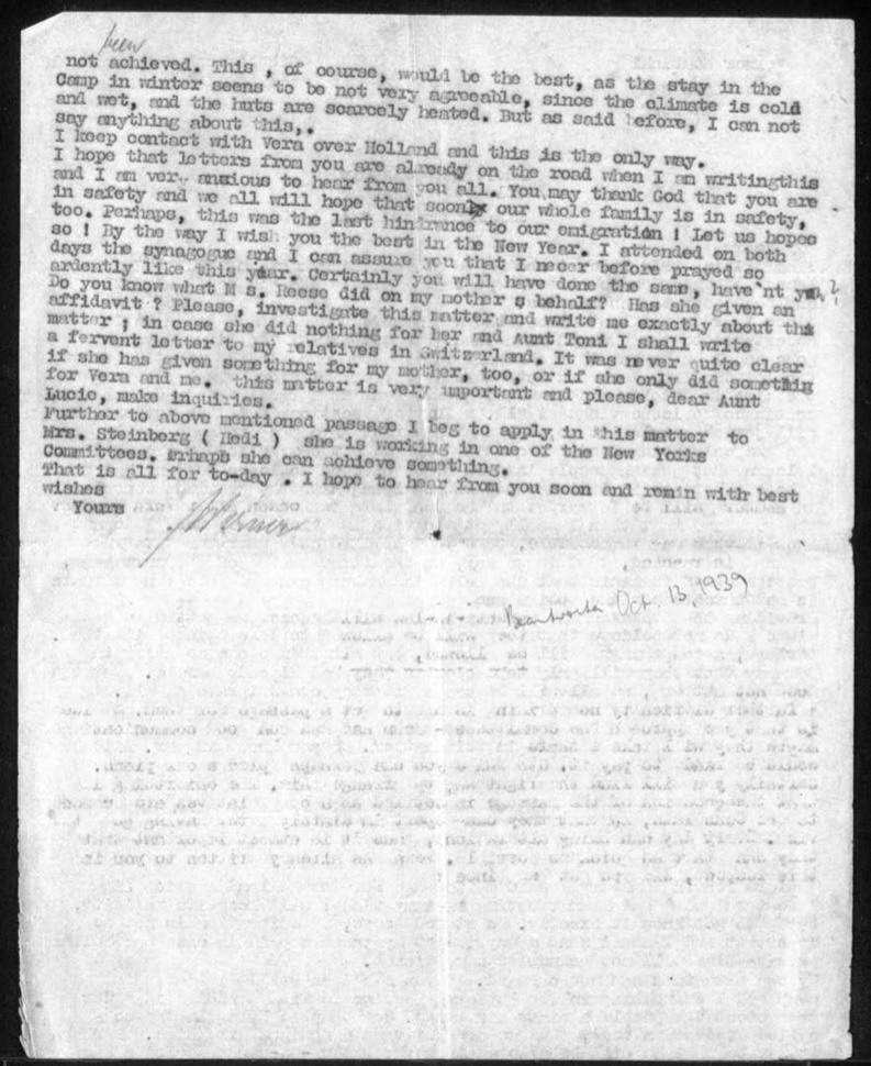 Kitchener camp, Werner Gembicki, Letter, Camp in winter cold and wet, Family safety, Rosh Hashanah, New York Committee, 16 September 1939, page 2