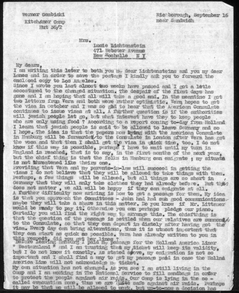 Kitchener camp, Werner Gembicki, Letter, Hut 36/II, Outbreak of war and despair, Wife Vera hopes for visa, American consulate, Forbidden goods, German shortages, National Service filling sandbags, KC in evacuation zone, 16 September 1939, page 1