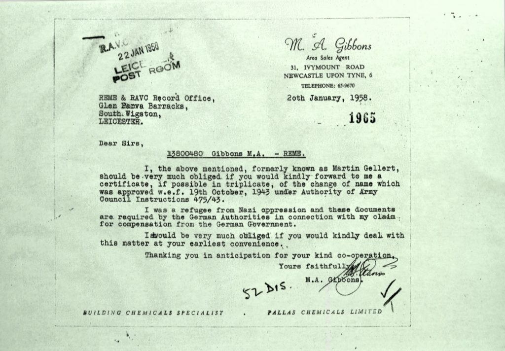 Kitchener camp, Martin Gellert, Letter, REME and RAVC Record Office, Gibbons, Change of name approval request, Refugee from Nazi oppression, Compensation claim, 20 January 1958