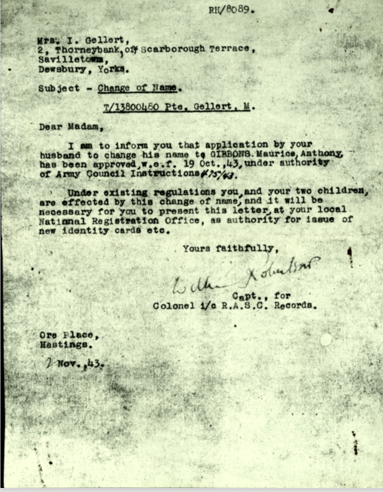 Kitchener camp, Martin Gellert, Letter 2 November 1943, Pioneer Corps, Change of name dated 19 October 1943