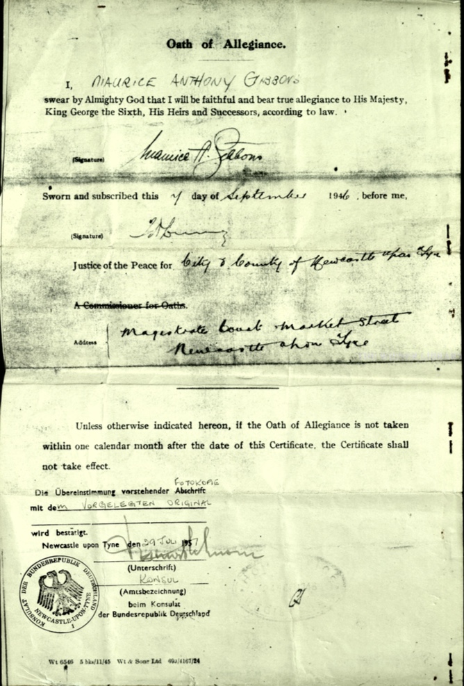 Kitchener camp, Martin Gellert, Document, Oath of Alliance, Maurice Anthony Gibbons, 7 September 1946