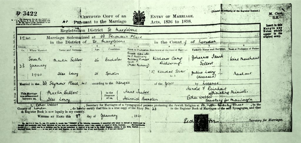 Kitchener camp, Martin Gellert, Document, Marriage certificate, Kitchener camp, Richborough, Married in London, W1, 8 January 1940