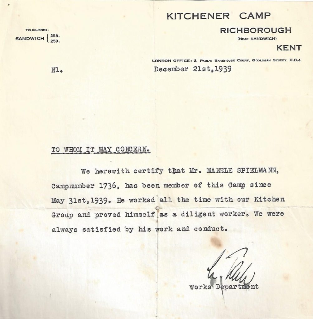 Kitchener camp, Manele Spielmann, Letter, reference, Arrival at camp 31 May 1939, Kitchen group, Diligent worker, 21 December 1939