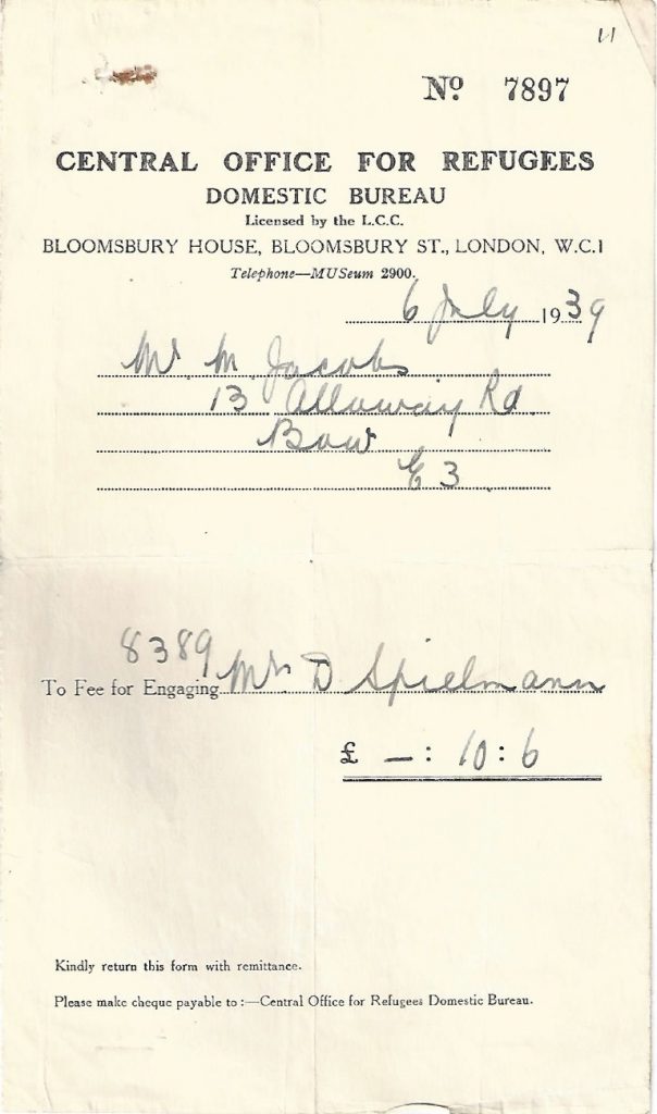 Kitchener camp, Manele Spielmann, Document, Central Office for Refugees, Domestic Bureau, Bloomsbury House, 6 July 1939