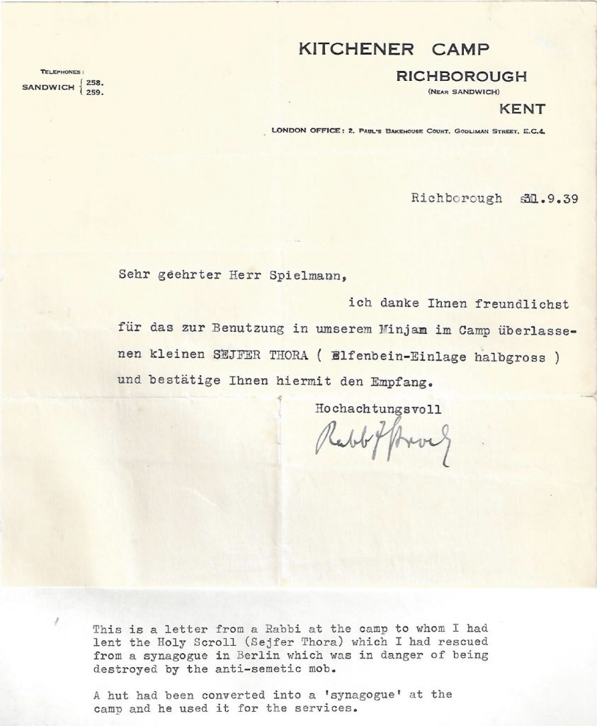 Kitchener camp, Manele Spielmann, Letter, Rescued Berlin Sejfer Thora, Sefer Torah, Camp hut synagogue, 31 December 1939