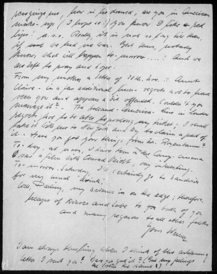 Werner Gembicki, Kitchener camp, Letter, "nobody knows what will happen tomorrow ... ! And we are left to pray and hope", "Today, at noon, I have been in the Camp-cinema. I saw a film with Conrad Veidt, very interesting", (Ed. Possibly 'Contraband'; released as 'Blackout' in the USA), Visiting Sandwich on Saturday "for my usual 'drink'", 12 January 1940, page 3