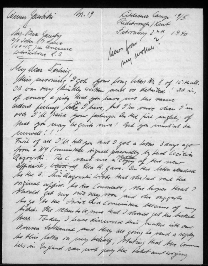 Kitchener camp, Werner Gembicki, Letter, Missing wife, New affidavit, Jewish Aid Committee, Overseas Settlement will send a reply, 2 February 1940, page 1