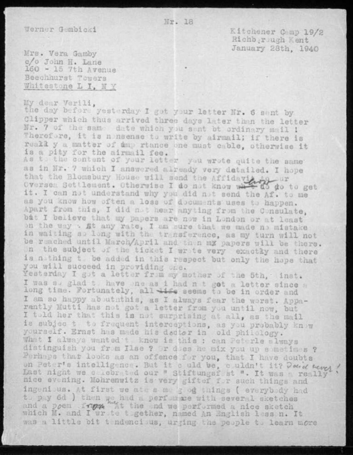 Kitchener camp, Werner Gembicki, Letter, Bloomsbury House affidavit, Mail from Germany subject to interceptions, "Last night we celebrated our 'Stiftungsfest'. It was a really nice evening, Mohrenwitz is very gifted", Food 6d and a performance with sketches and a poem, Sketch urging people to learn English, 28 January 1940, page 1