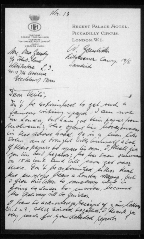Werner Gembicki, Kitchener camp, Letter, Got some free writing paper from a friend on honeymoon at Regent Palace Hotel, London, page 1
