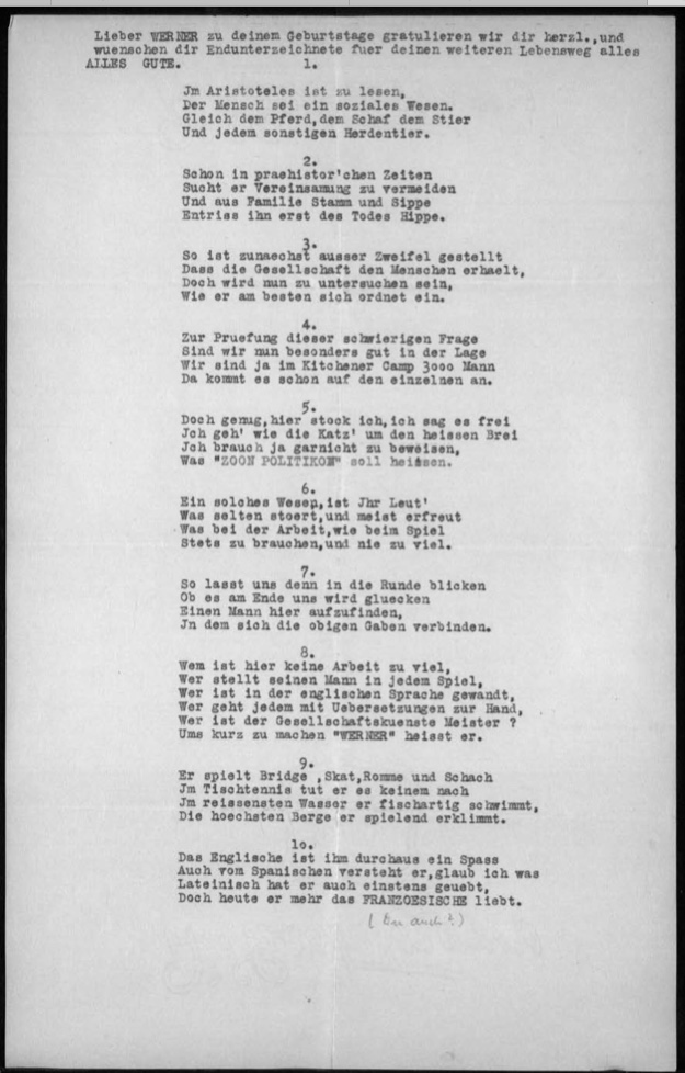 Werner Gembicki, Kitchener camp, Hut 36/II, Max Hamburger, Joseph Heumann, Herbert Mosheim, Ernst Levy, Alex Flechtheim, Fritz Eckstein, 25 November 1939, page 1