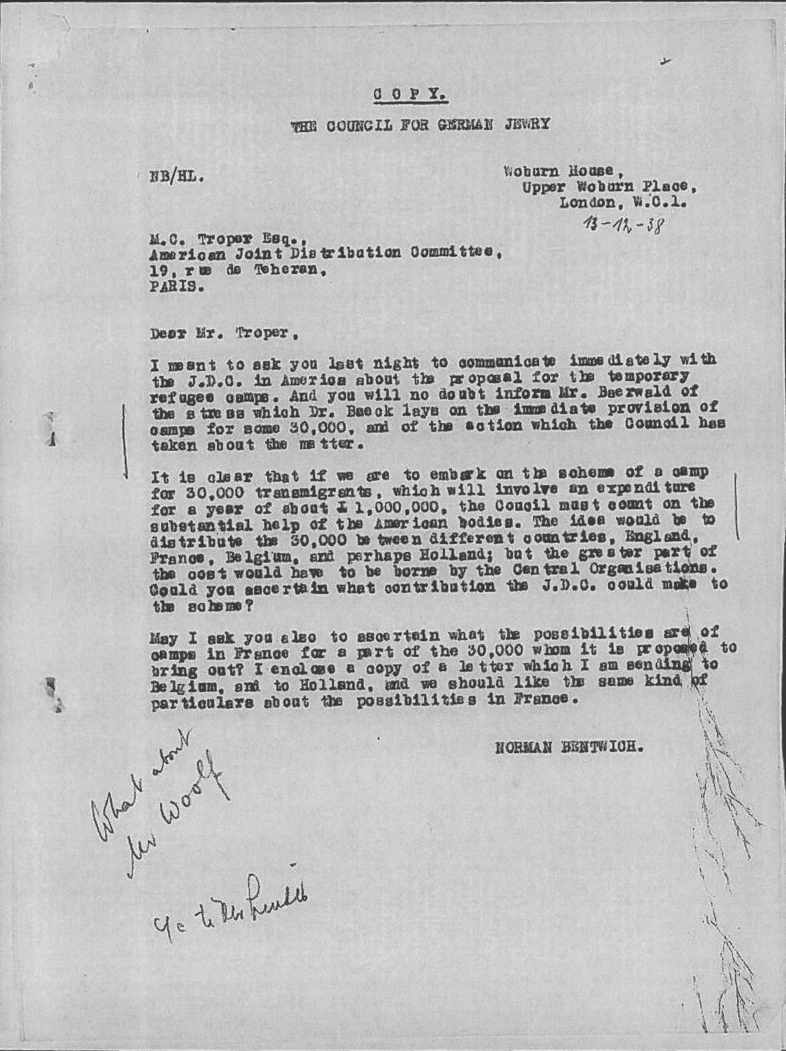 Kitchener camp, Council for German Jewry, Letter, Woburn House, Mr Troper, Dr Baeck, Mr Woolf, 13 December 1938