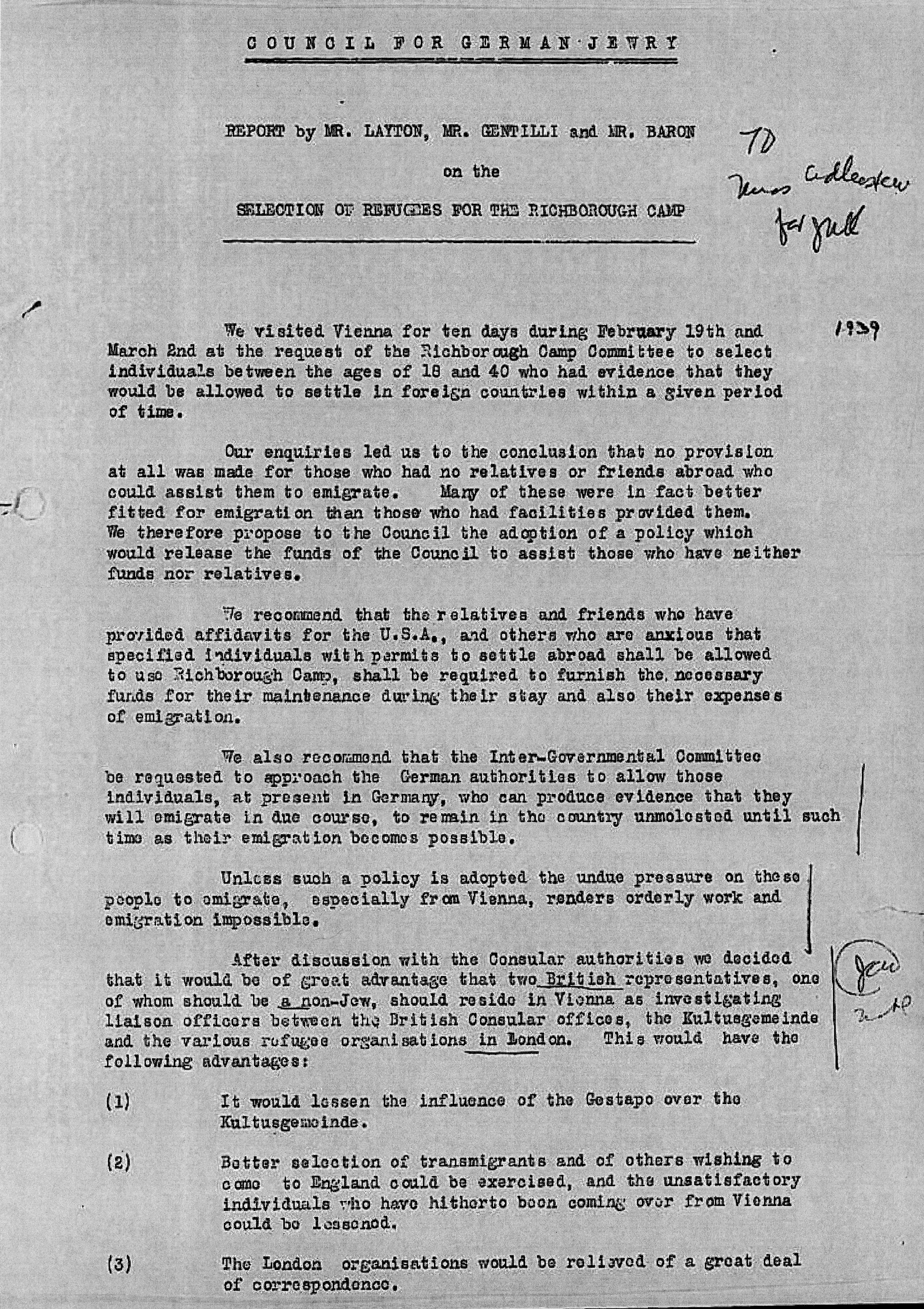 Kitchener camp, Council for German Jewry, Report, Mr Layton, Mr Gentilli, Mr Baron, Refugee selection, Vienna, 1939