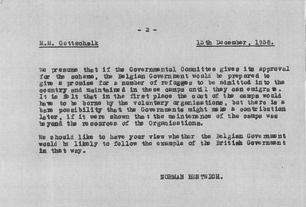 Richborough refugee transit camp, Council for German Jewry, Letter, Mr Gottschalk, Norman Bentwich, State contributions, Voluntary organisations, Belgian government, British government, 13 December 1938, page 2